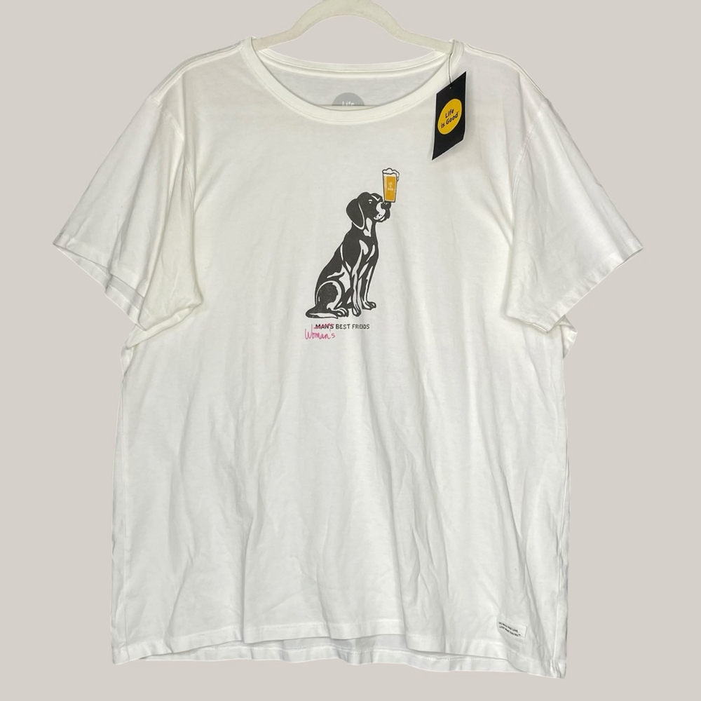 Life Is Good Womens XL Crusher Tee Dog Beer Graphic White NWT Casual Relaxed #AQ